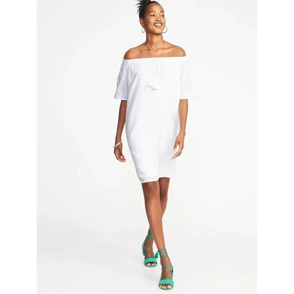 Old Navy cotton/linen blend Embroidered Off-the-shoulder Shift Dress size M NWT